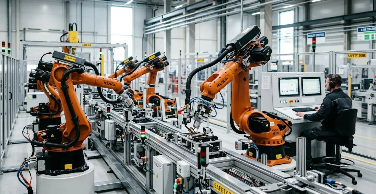 Chaîne de production industrielle équipée de capteurs IoT et de systèmes de monitoring temps réel