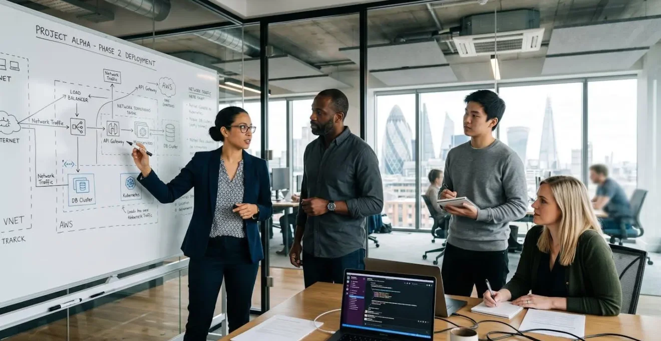 Équipe IT en réunion stratégique discutant d'architecture infrastructure et de solutions edge computing