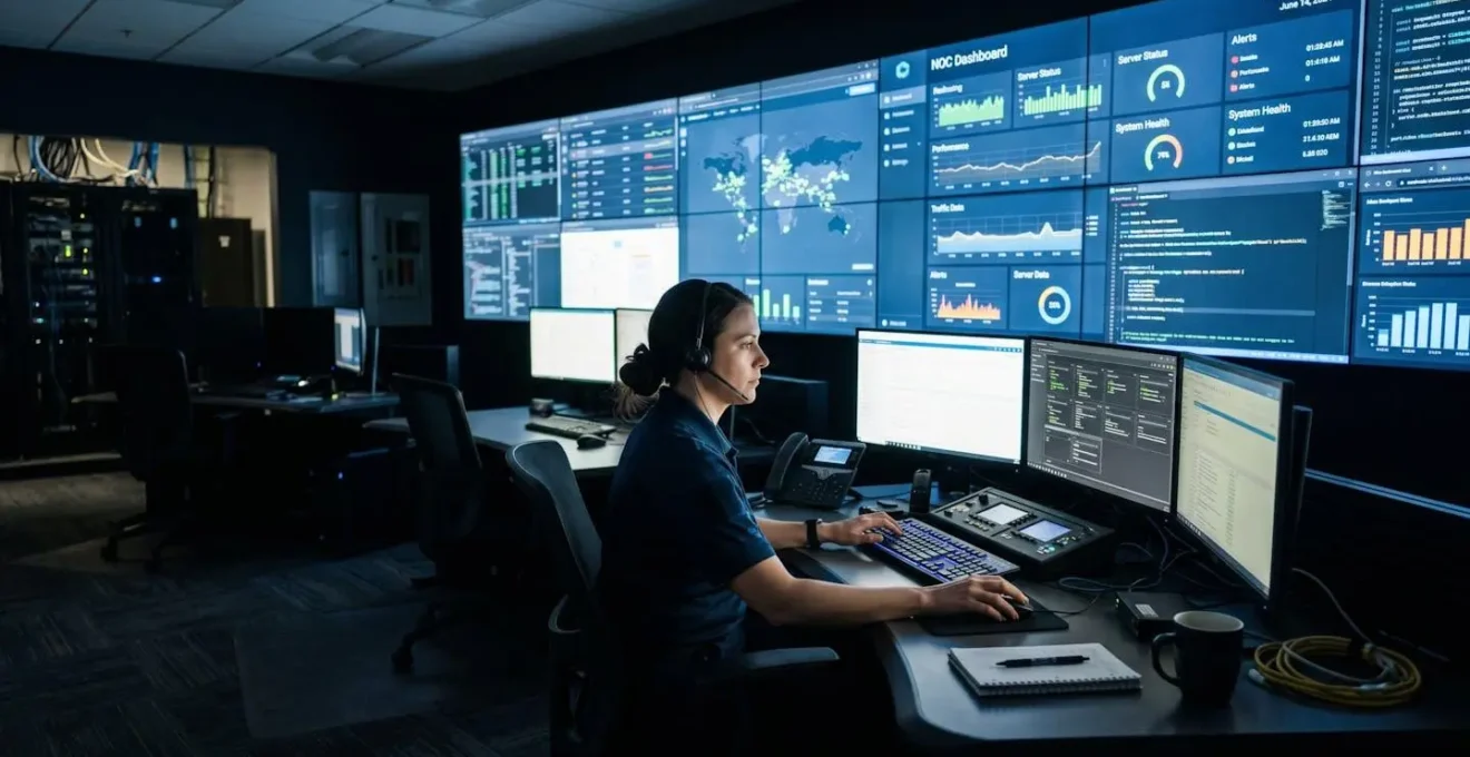 Salle de contrôle avec écrans affichant des tableaux de bord de monitoring réseau et infrastructure edge