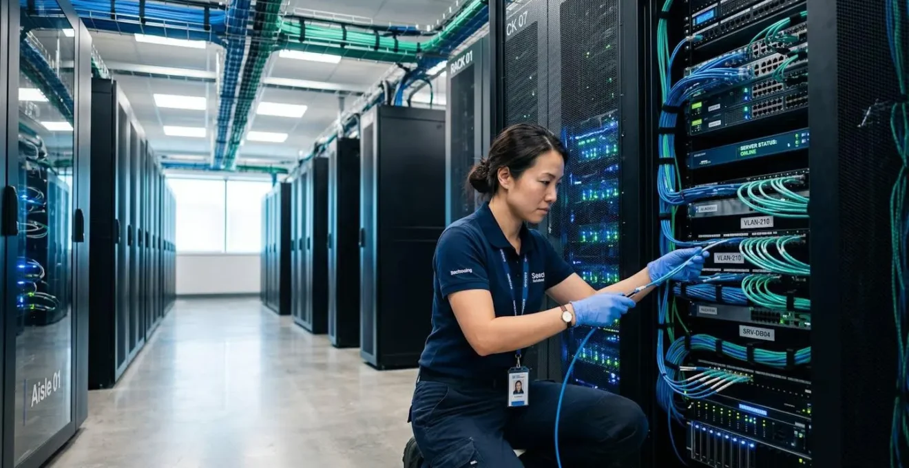 Technicien vérifiant une infrastructure de serveurs edge computing dans un datacenter moderne avec équipements réseau