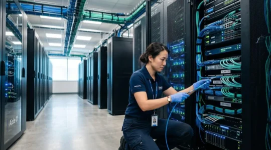 Technicien vérifiant une infrastructure de serveurs edge computing dans un datacenter moderne avec équipements réseau